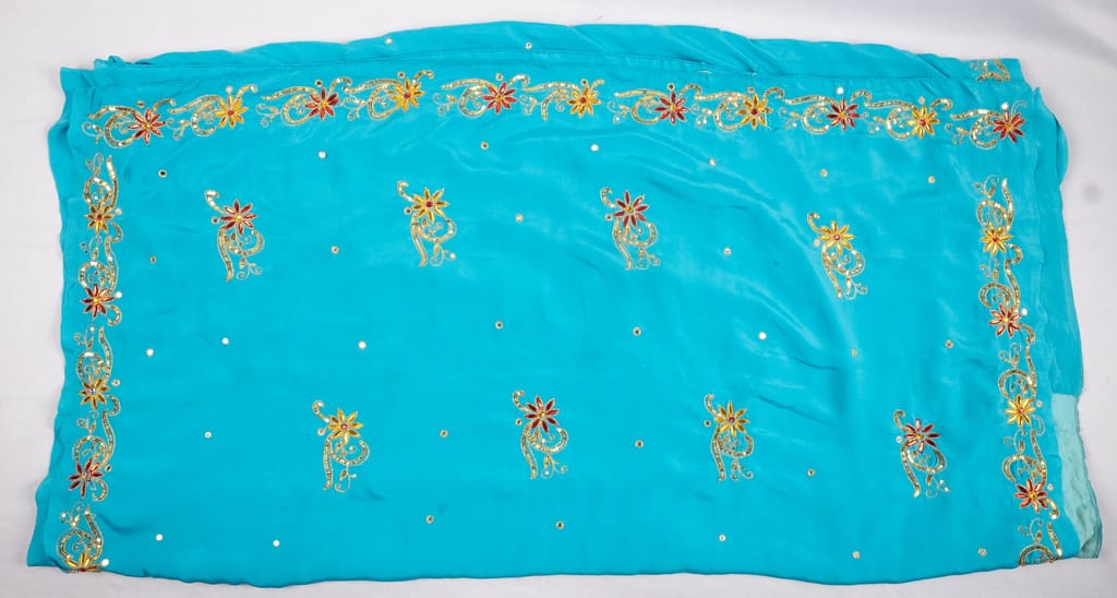 Turquoise Georgette Saree With Embroidery Work