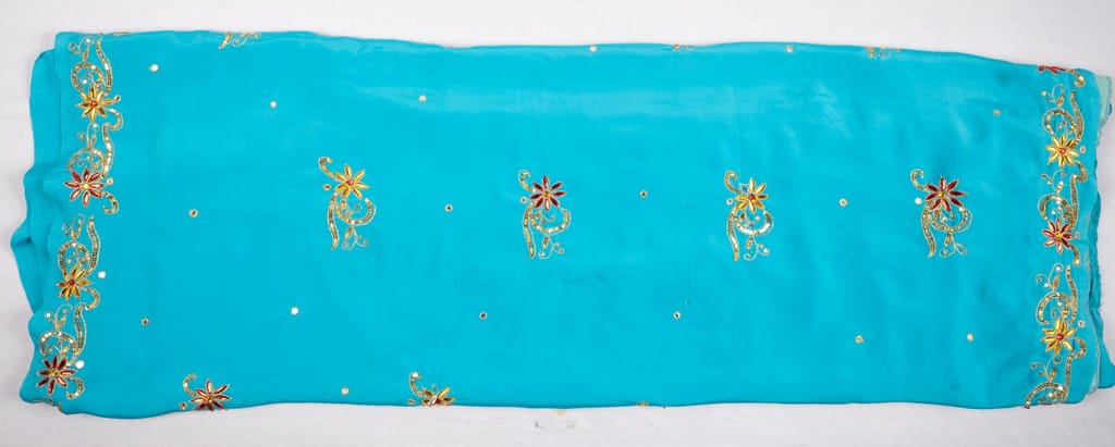 Turquoise Georgette Saree With Embroidery Work