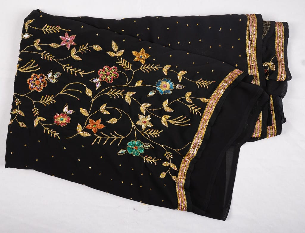 Black Saree With Floral Embroidery And Zari Border - Sarees | Buy online on ZillyBuy