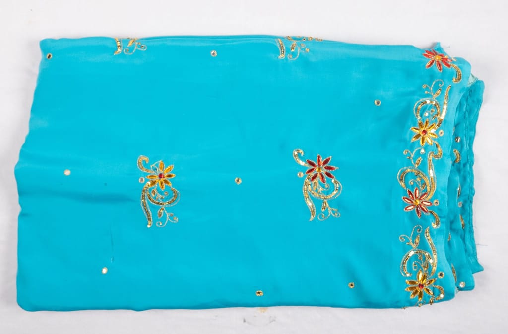 Turquoise Georgette Saree With Embroidery Work