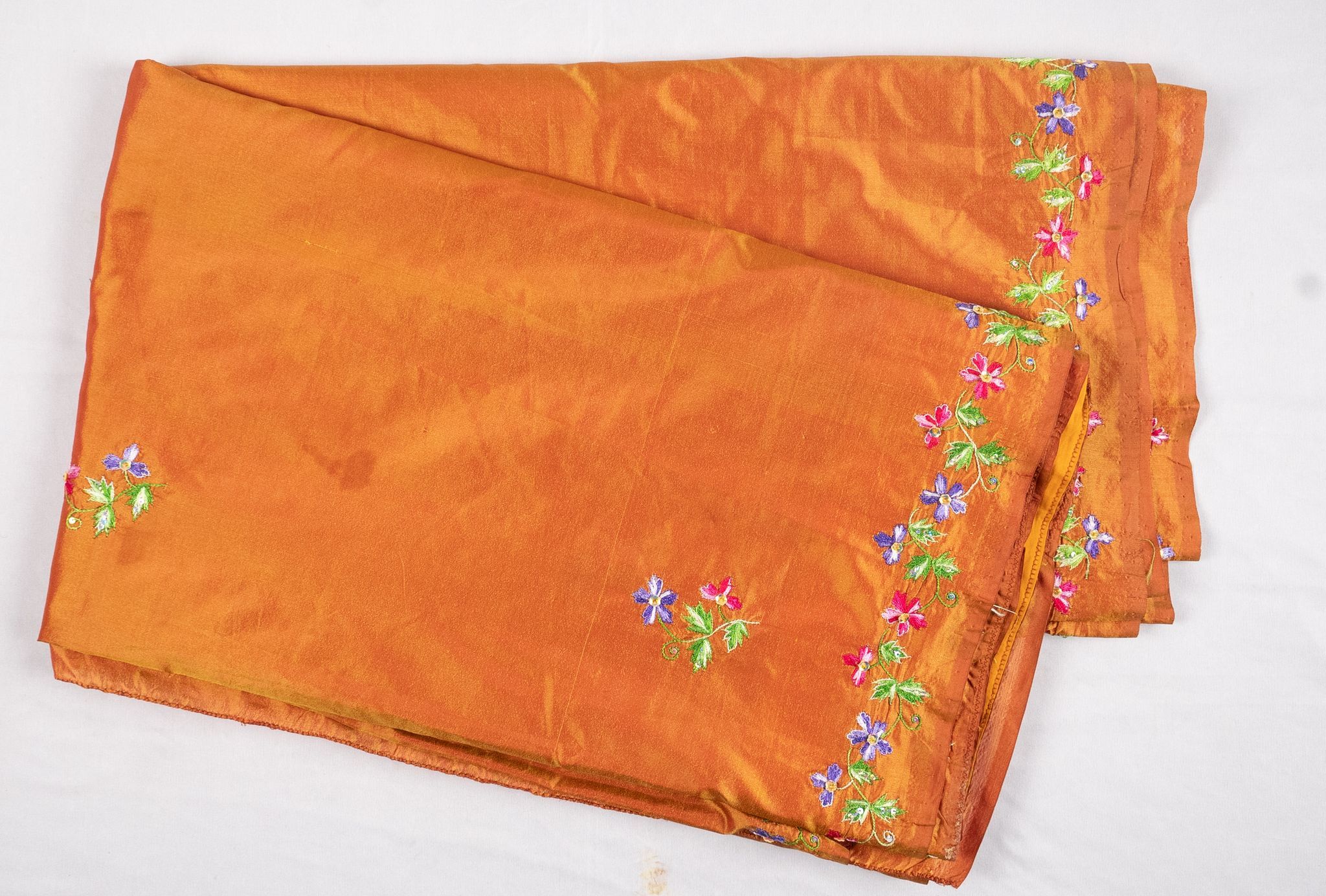 Embroidered Burnt Orange Dupioni Silk Fabric By the Yard