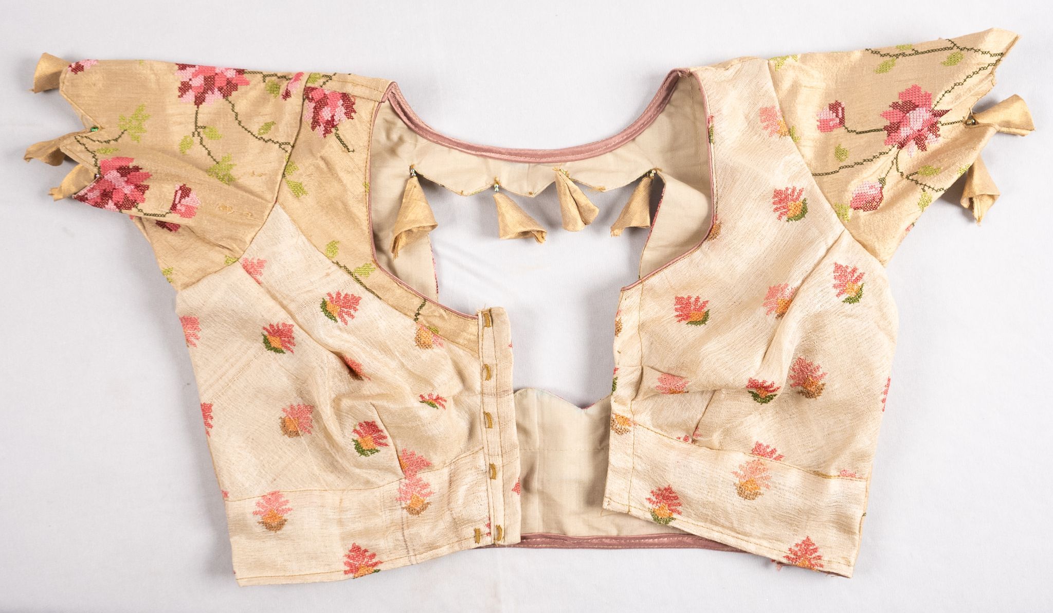 Beige Hand Embroidered Blouse With Elbow Length Sleeves