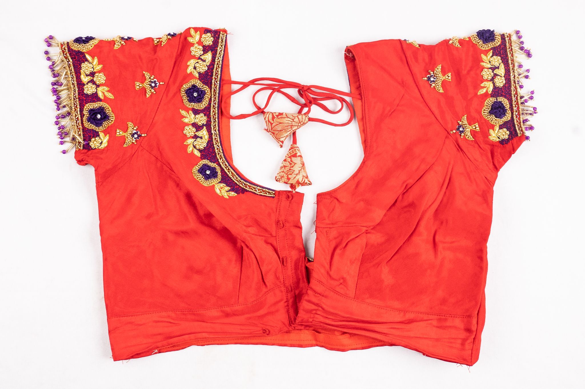 Red and gold embroidered silk blouse with beads