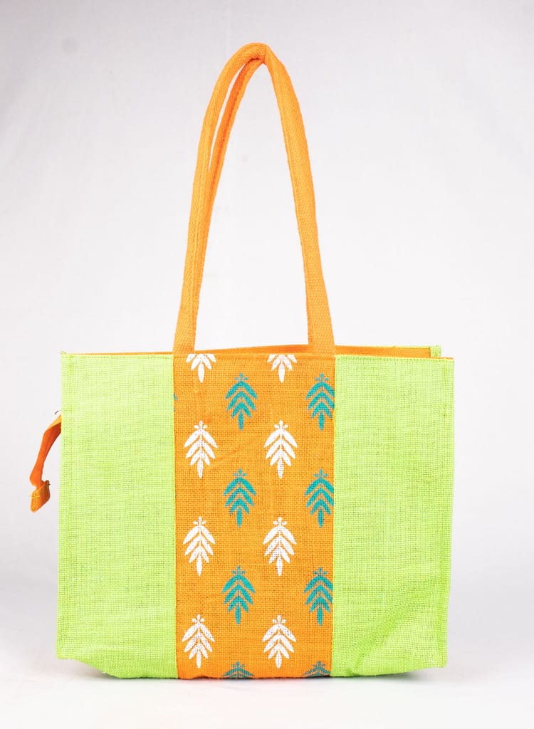 Green Jute Tote Bag with White Floral Print - Handbags | Buy online on ZillyBuy