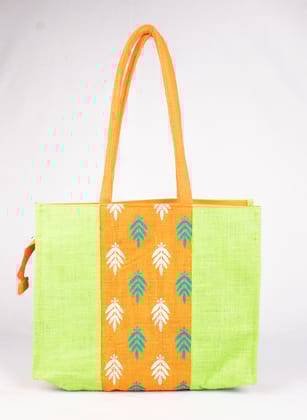 Green Jute Tote Bag with White Floral Print