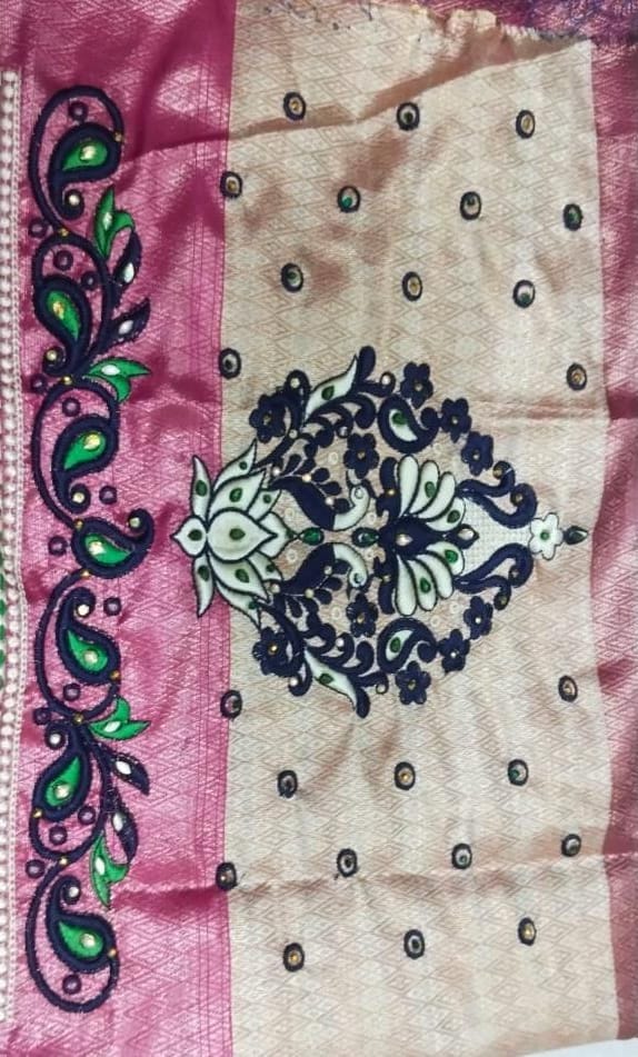 Green and blue embroidered blouse neck design