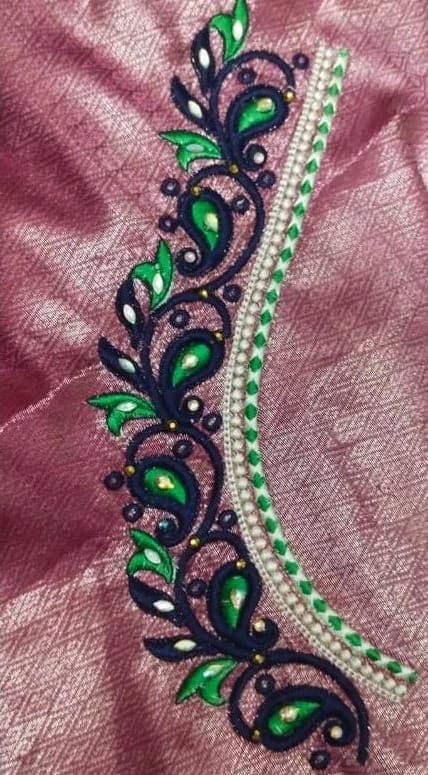 Green and blue embroidered blouse neck design