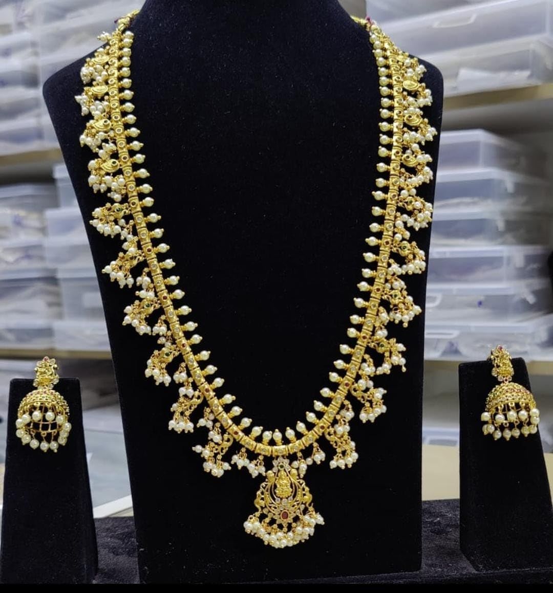 "Stunning Lakshmi Gold Plated Haram Necklace Set with Pearls and Earrings"