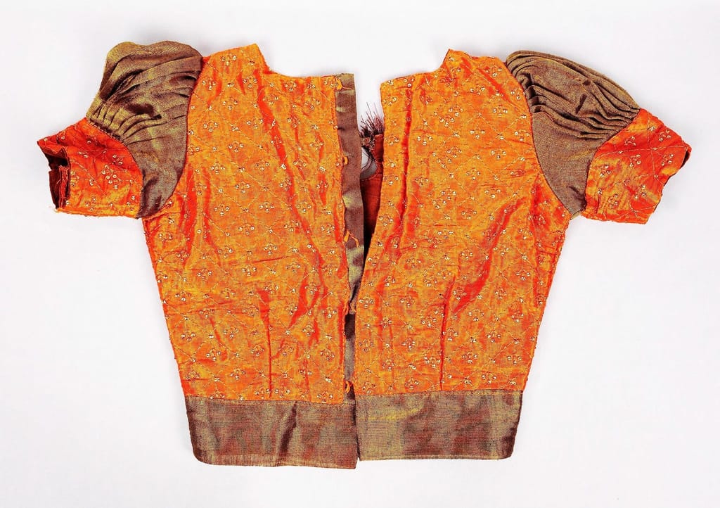 Orange Silk Embroidered Blouse With Puff Sleeves