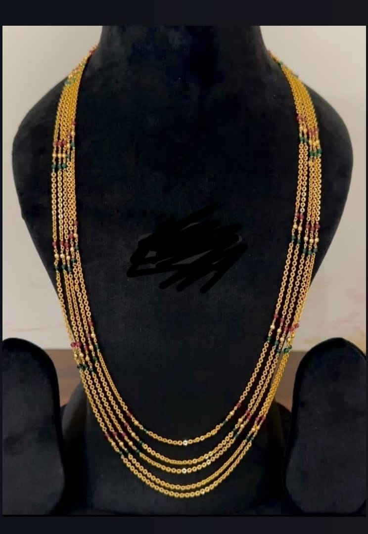 22K Gold Plated Long Chain Necklace with Ruby and Emerald Stones