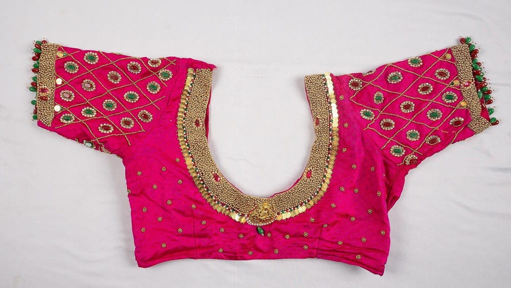 Embroidered Pink Saree Blouse with Stone and Bead Detailing