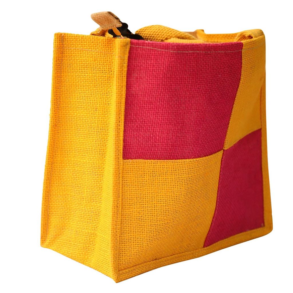 Handcrafted Jute Bag, Red & Yellow Jute Hanbag, Multipurpose Bag, Lunch Bag, (NULM-Tirupati-7)