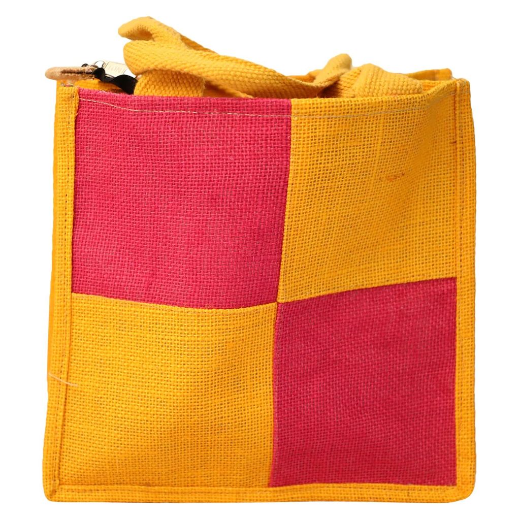 Handcrafted Jute Bag, Red & Yellow Jute Hanbag, Multipurpose Bag, Lunch Bag, (NULM-Tirupati-7)