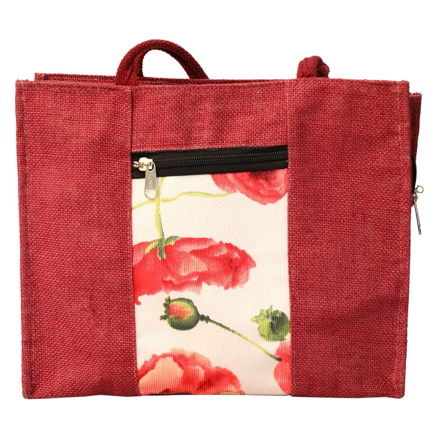 Handcrafted Jute Handbag/Red Jute Lunch Bag/Multipurpose Bag/Jute Bag/Floral Printed HandBag, (NULM-Tirupati-13)