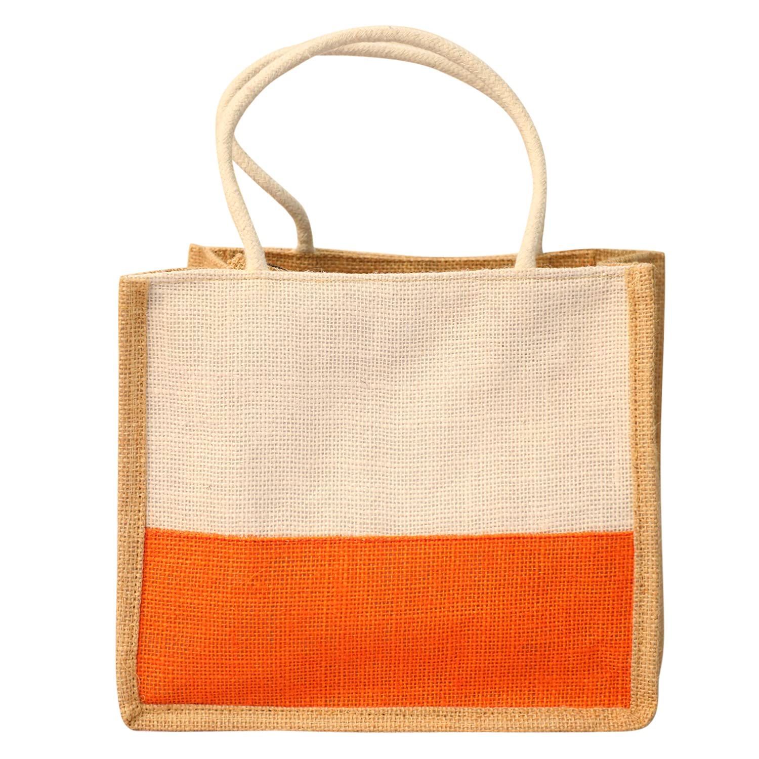 Handcrafted Jute Handbag/Beige & Orange Jute Lunch Bag/Multipurpose Bag/Jute Bag, (NULM-Tirupati-10).