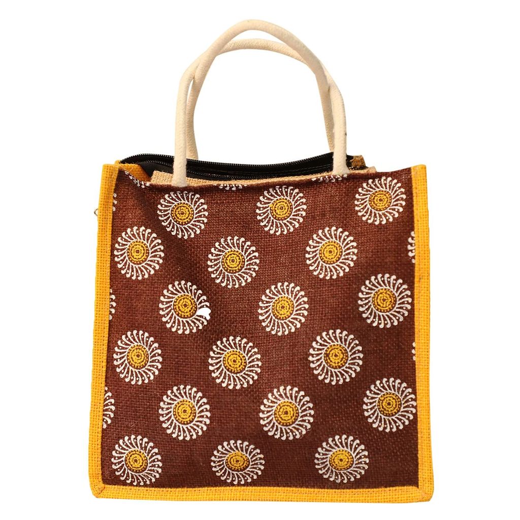 Handcrafted Jute Handbag/Brown Jute Lunch Bag/Multipurpose Bag/Jute Bag/Printed Bag/ (NULM-Tirupati-11).