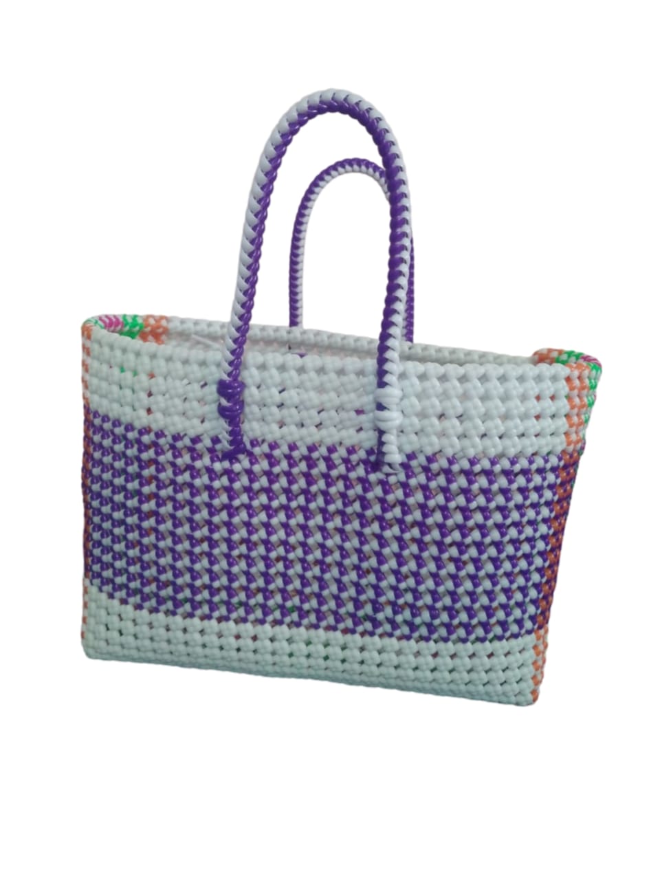 Handwoven Purple & White Plastic Tote Bag