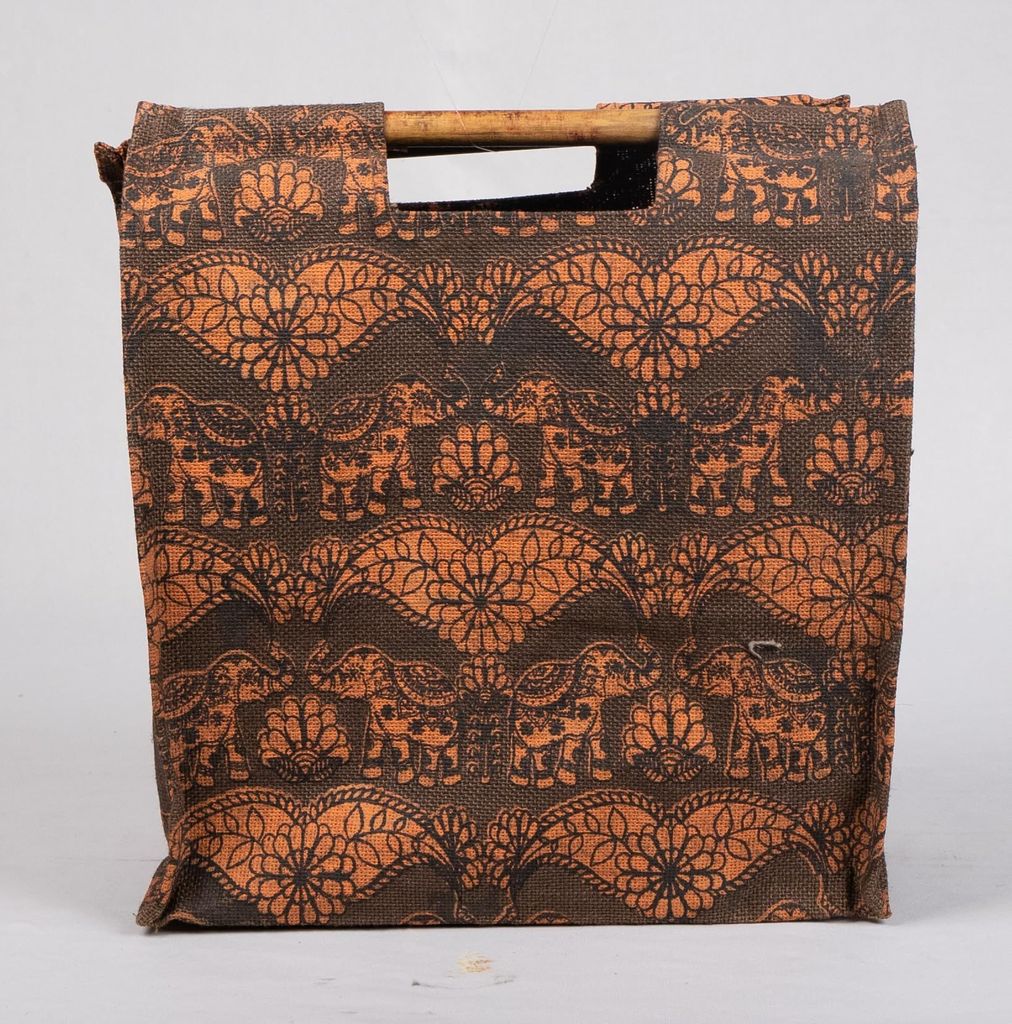 Elephant Print Jute Tote Bag with Wooden Handles - Towels | Buy online on ZillyBuy