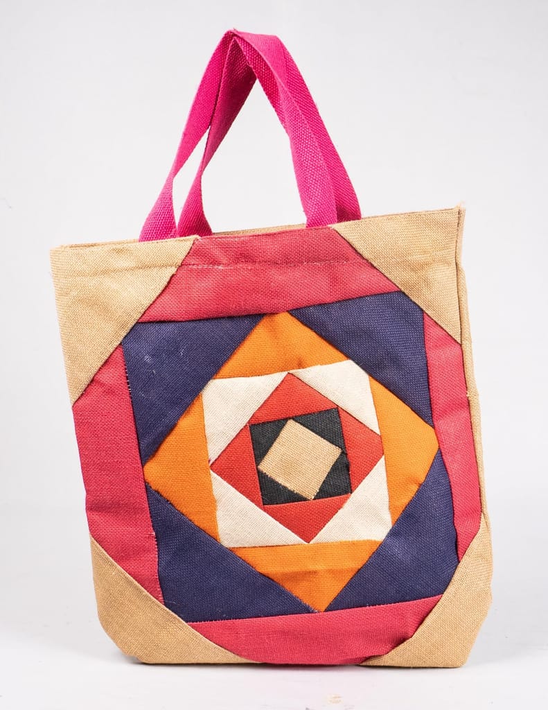Handmade Patchwork Jute Tote Bag with Pink Handles - Handbags | Buy online on ZillyBuy