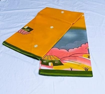 Beautiful Handloom Pure Cotton Saree With Blouse Piece, Village Life Print Saree