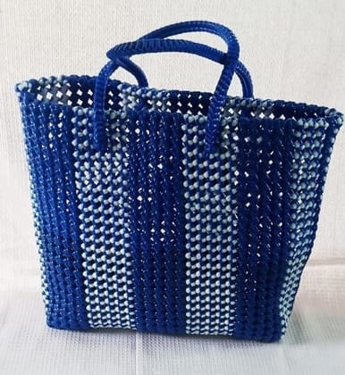 Blue and White Striped Handwoven Market Tote Bag
