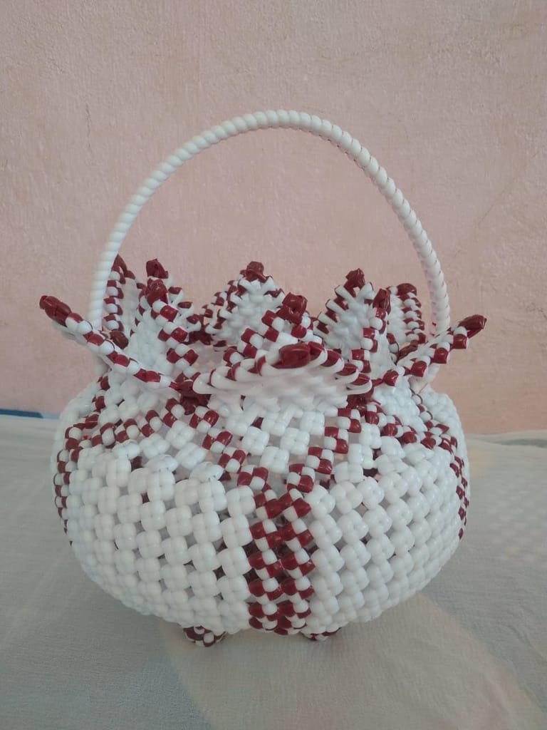 Handwoven Plastic Basket with Red and White Checkered Pattern - Pooja Needs | Buy online on ZillyBuy