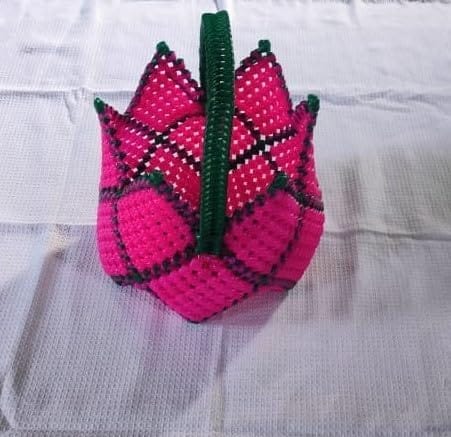 Handmade Pink Plastic Flower Basket with Green Handle