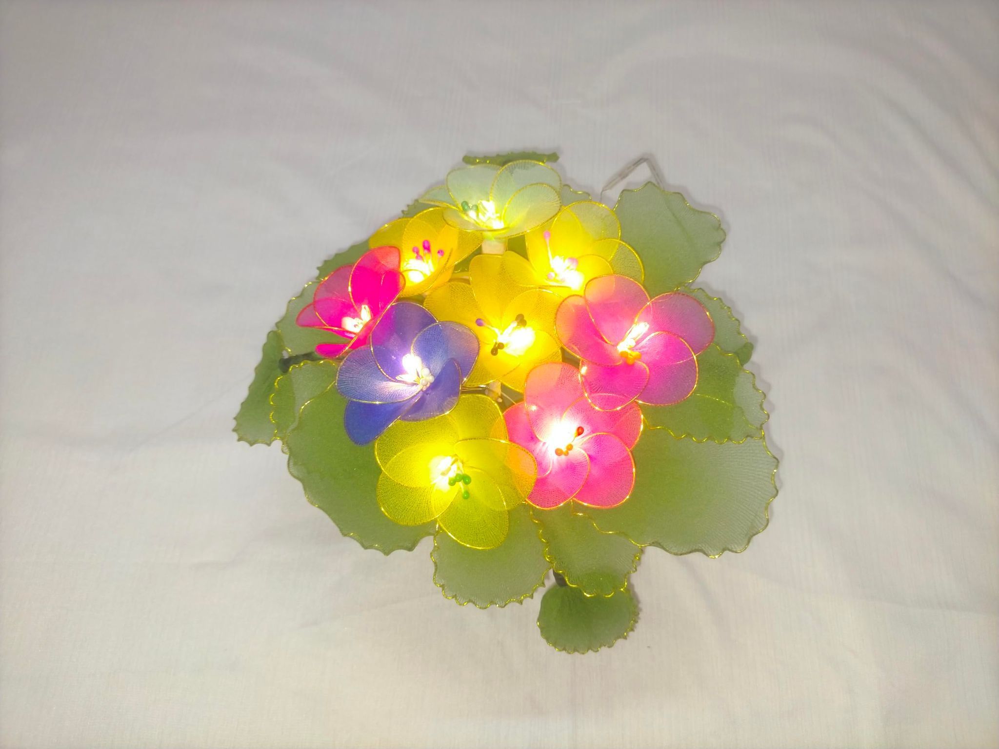 Handmade Multicolour Nylon Stocking Flowers with Battery Light