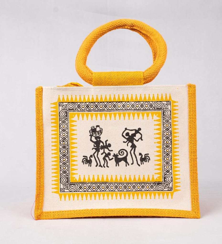 sonchiriya yellow printed jute hand held bag - Handbags | Buy online on ZillyBuy