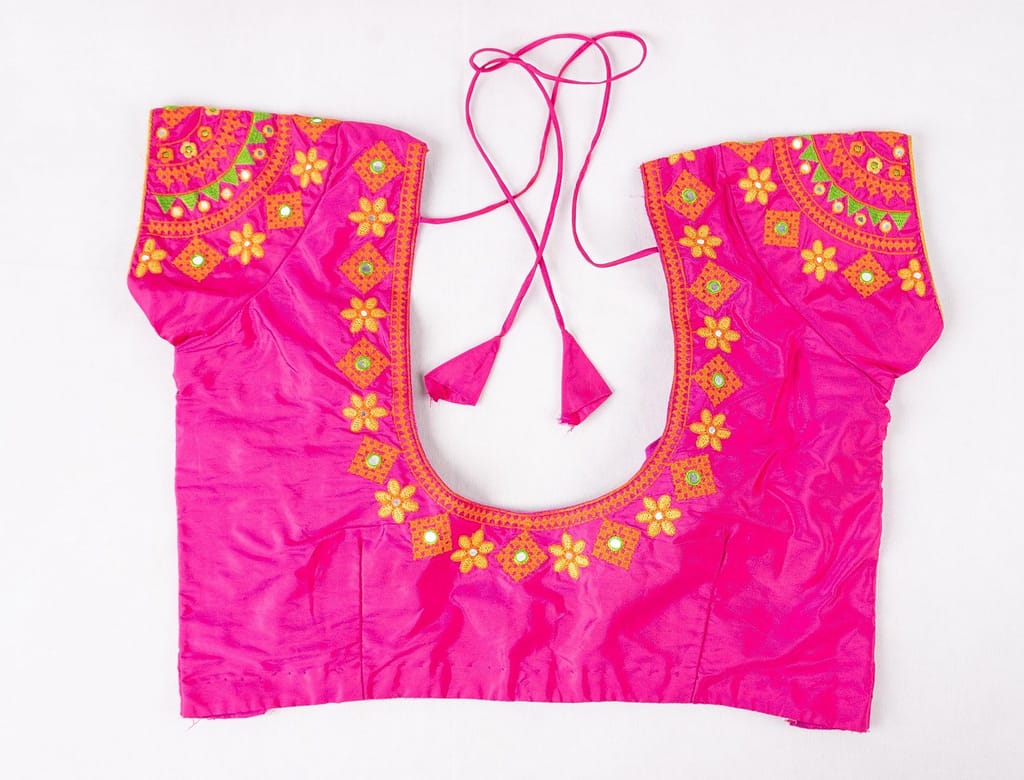 Embroidered Pink Saree Blouse with Mirror Work