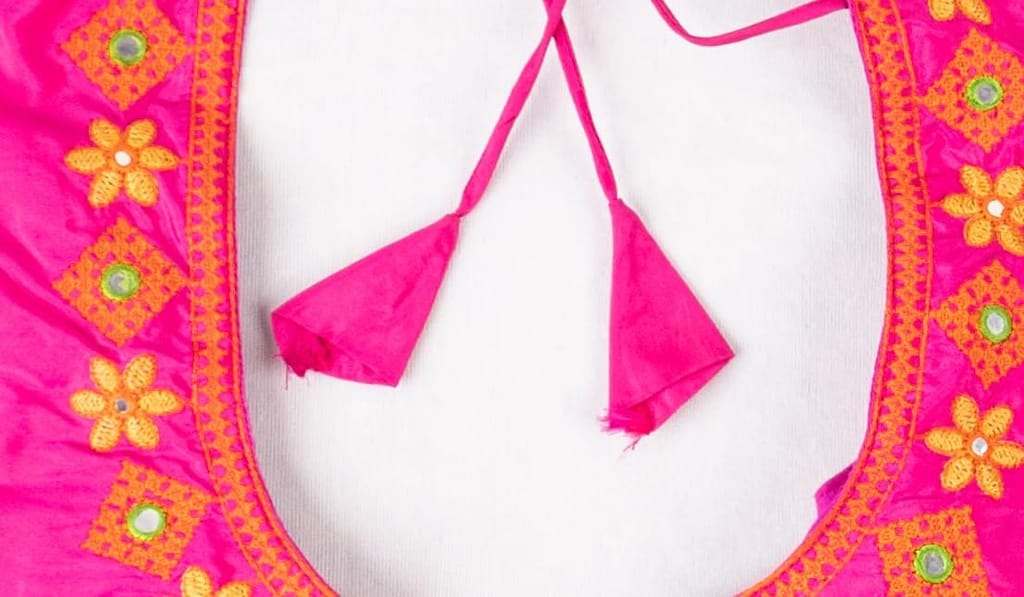 Embroidered Pink Saree Blouse with Mirror Work
