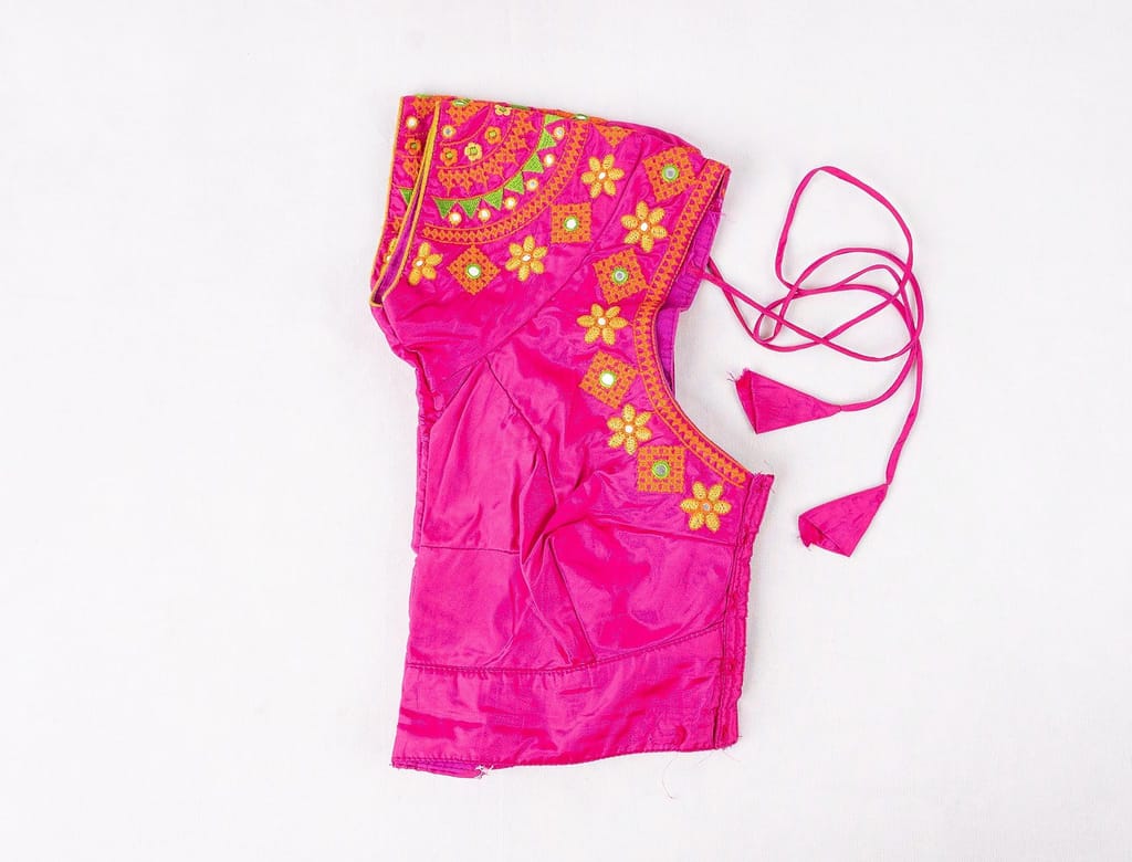 Embroidered Pink Saree Blouse with Mirror Work