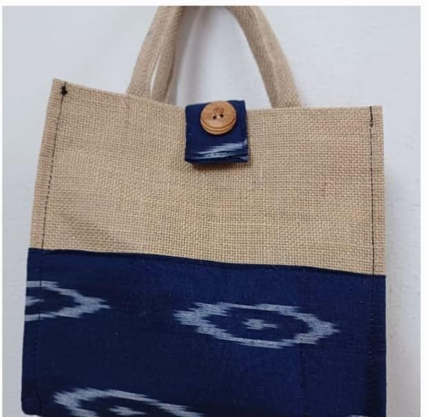 Handmade Jute and Cotton Tote Bag with Blue Geometric Pattern - Handbags | Buy online on ZillyBuy