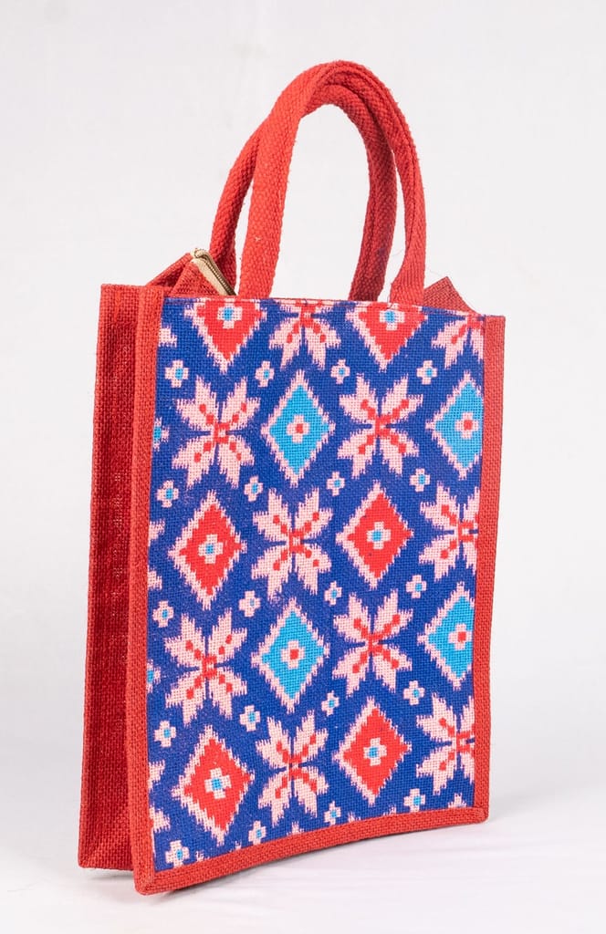 Red and Blue Handwoven Jute Tote Bag with Zipper - Handbags | Buy online on ZillyBuy