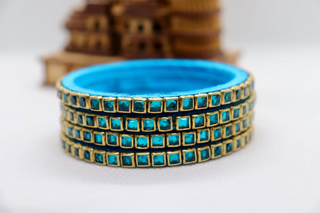 Handmade Gold and Blue Glass Kundan Stone Bangle (Set of 4)