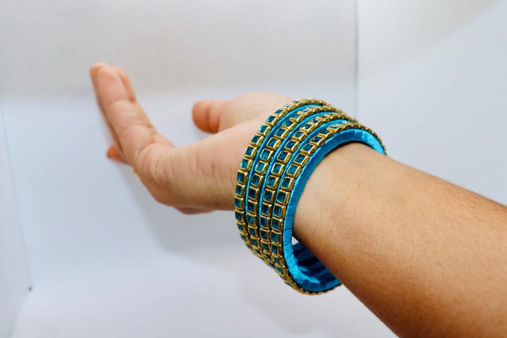 Handmade Gold and Blue Glass Kundan Stone Bangle (Set of 4)