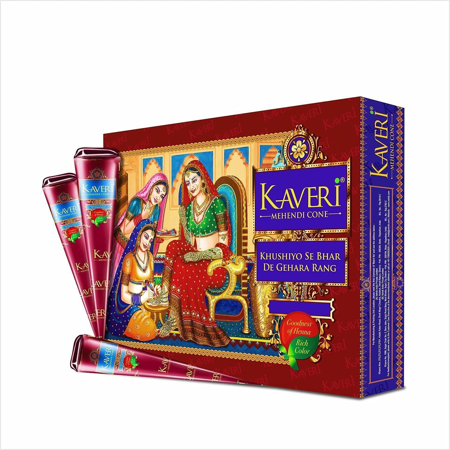 Kaveri Natural Herbal Mehndi Cones with 25g each Reddish Brown (Pack of 24 Pieces) Pack of 2