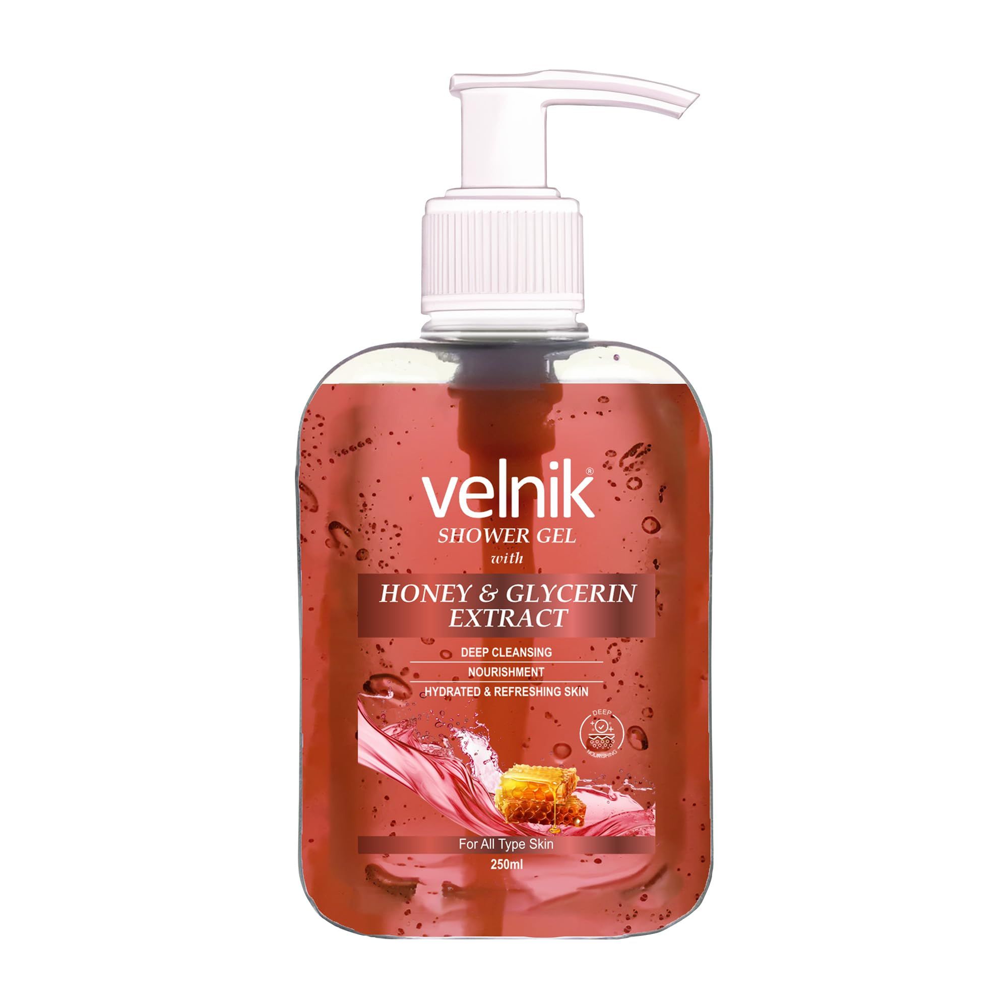Velnik Shower Gel With Honey and Glycerin Moisturising Body Wash,For Glowing skin,Gentle Cleansing Hydrates Refreshment Skin Body Wash for Women & Men Suitable for All Skin Types 250ml