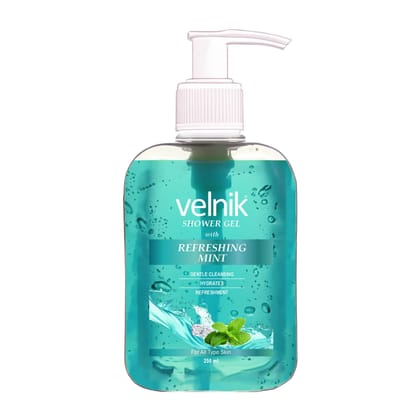 Velnik Shower Gel With Refreshing Mint Gentle Cleansing Hydrates Refreshment Skin Body Wash for Women & Men with Skin Conditioners for Radiant Glow & Moisturised Suitable for All Skin Types 250ml