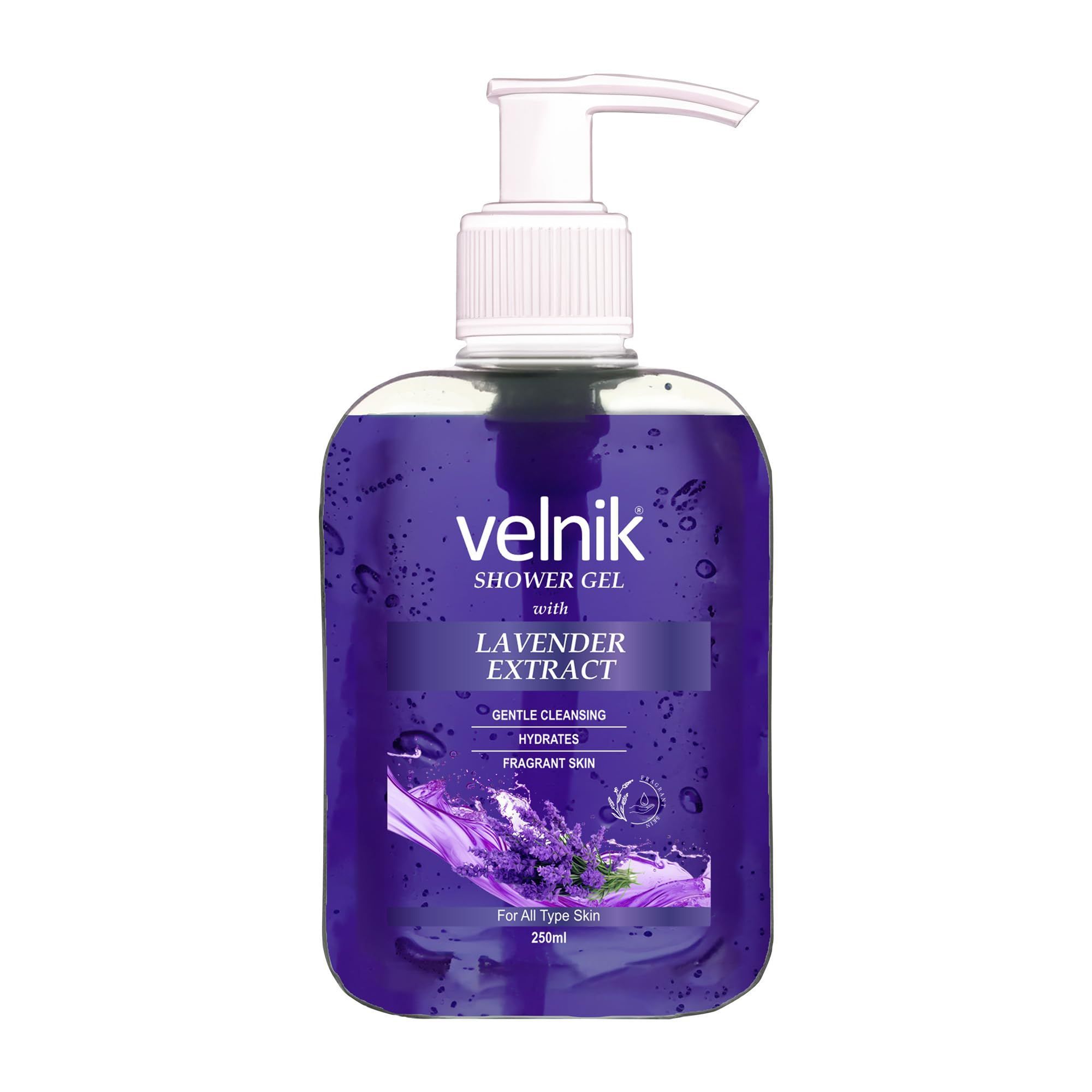 Velnik Shower Gel With Lavender Extract Gentle Cleansing Hydrates Fragrant Skin Body Wash for Women & Men with Skin Conditioners for Radiant Glow & Moisturised Skin, Suitable for All Skin Types 250ml