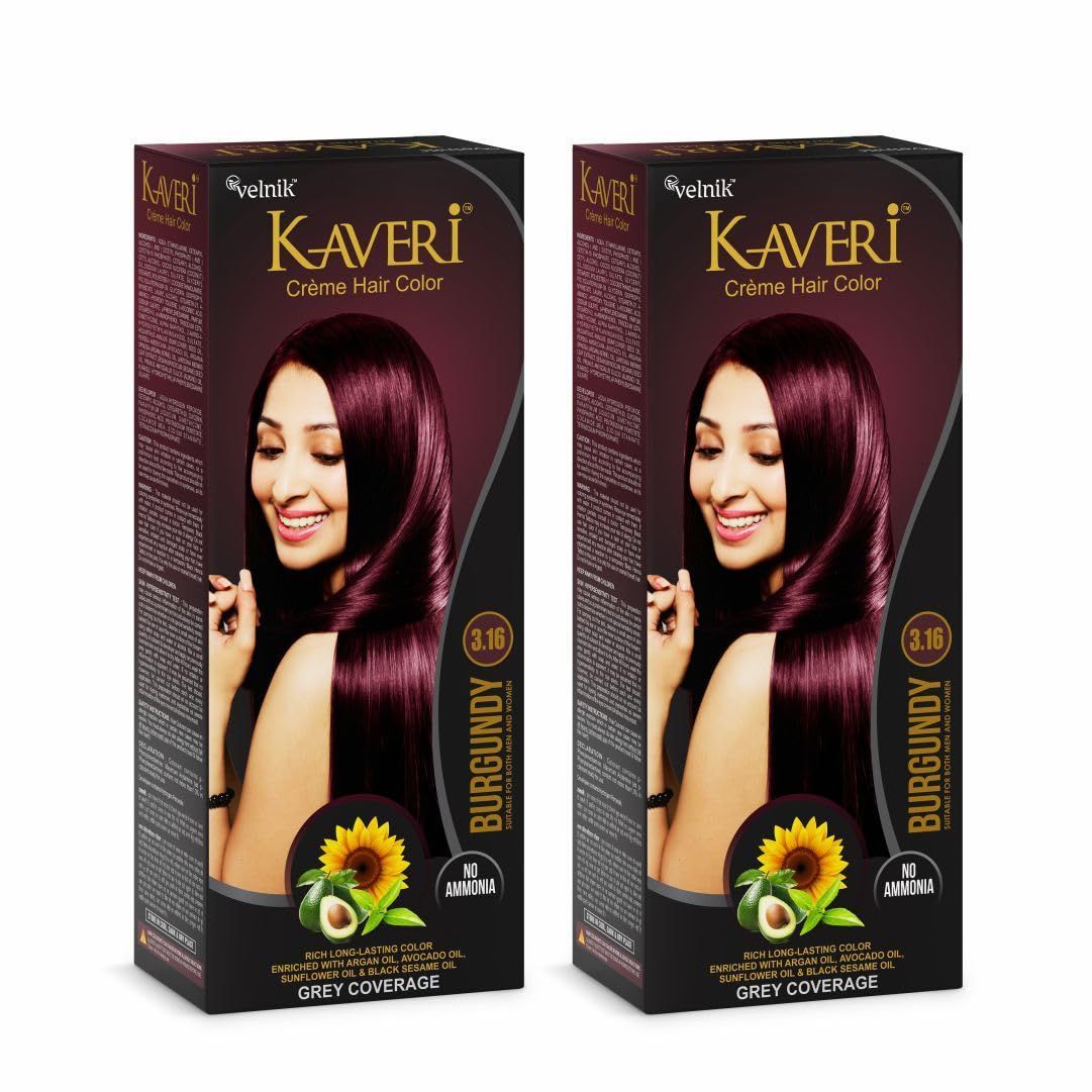 Kaveri Crme Hair Color Professional-grade Ammonia-free Damage l Hair Colour for Women | PPD Free Organic Hair Colour with 100% Grey Coverage, Long Lasting Conditioning Hair Colour (pack of 2 Burgundy)
