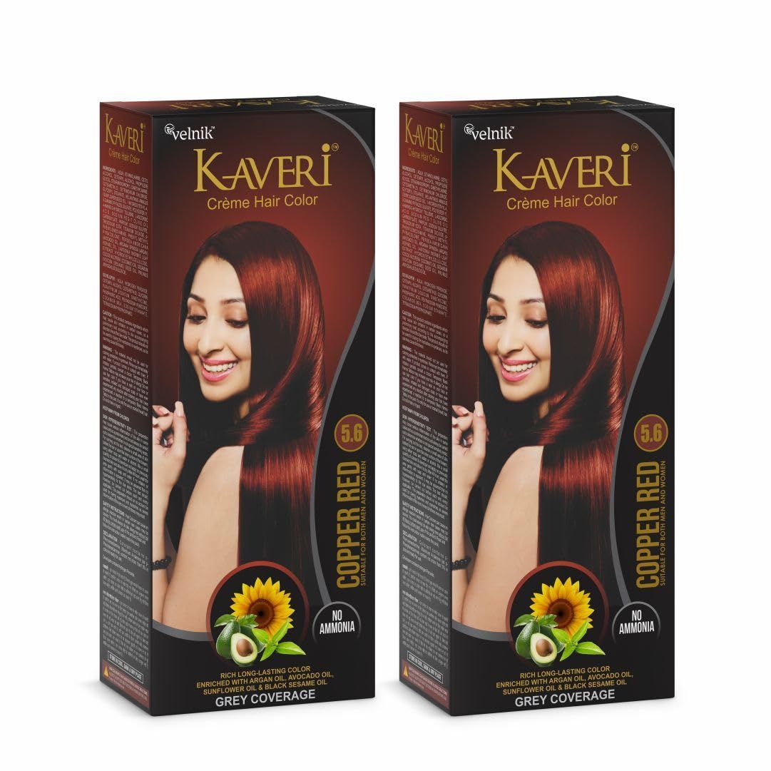 Kaveri Crme Hair Color Professional-grade Ammonia-free Damage Free Hair Colour for Women | PPD Free Organic Hair Colour with 100% Grey Coverage, Long Lasting Conditioning Hair Colo (pack of 2 Copper Red)
