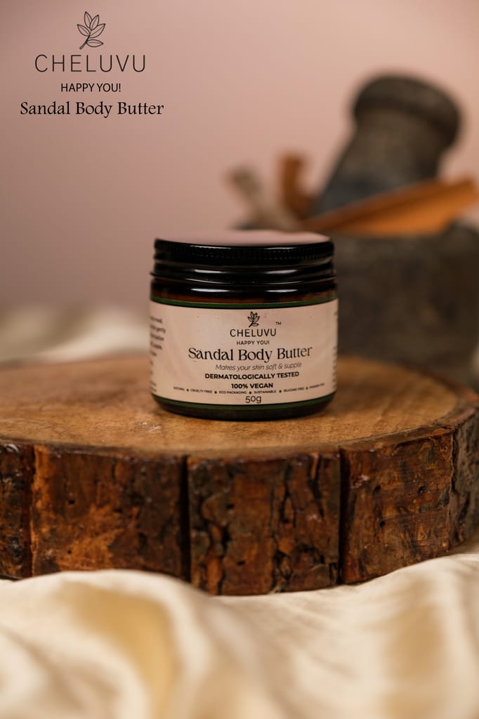 Cheluvu Happy You Sandal Body Butter - 100% Vegan, Dermatologically Tested, Makes Skin Soft & Supple - 50g