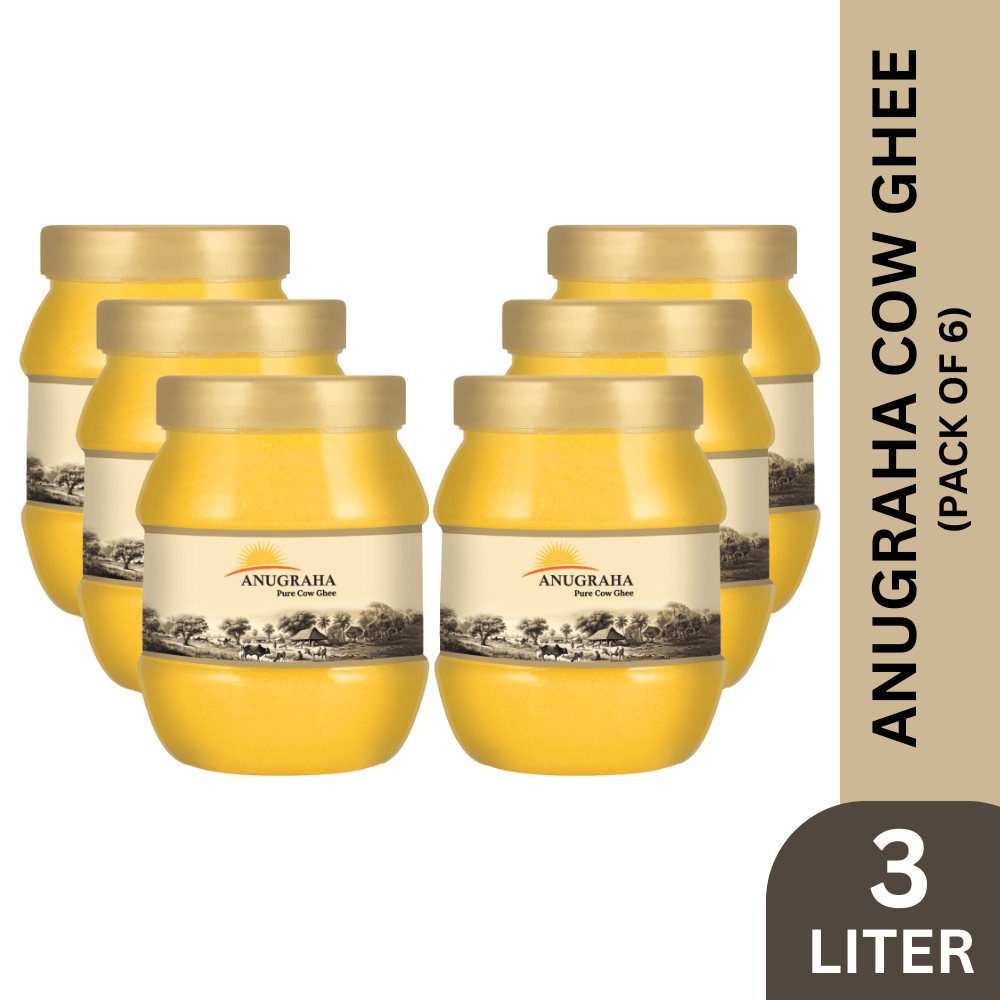 Anugraha Organic Grass-Fed Cow Ghee | Pure Desi Bilona Ghee | Cultured Vedic Ghee | 100% Natural & Traditional Processed (500 ml Pack of 6) - 3 Liters