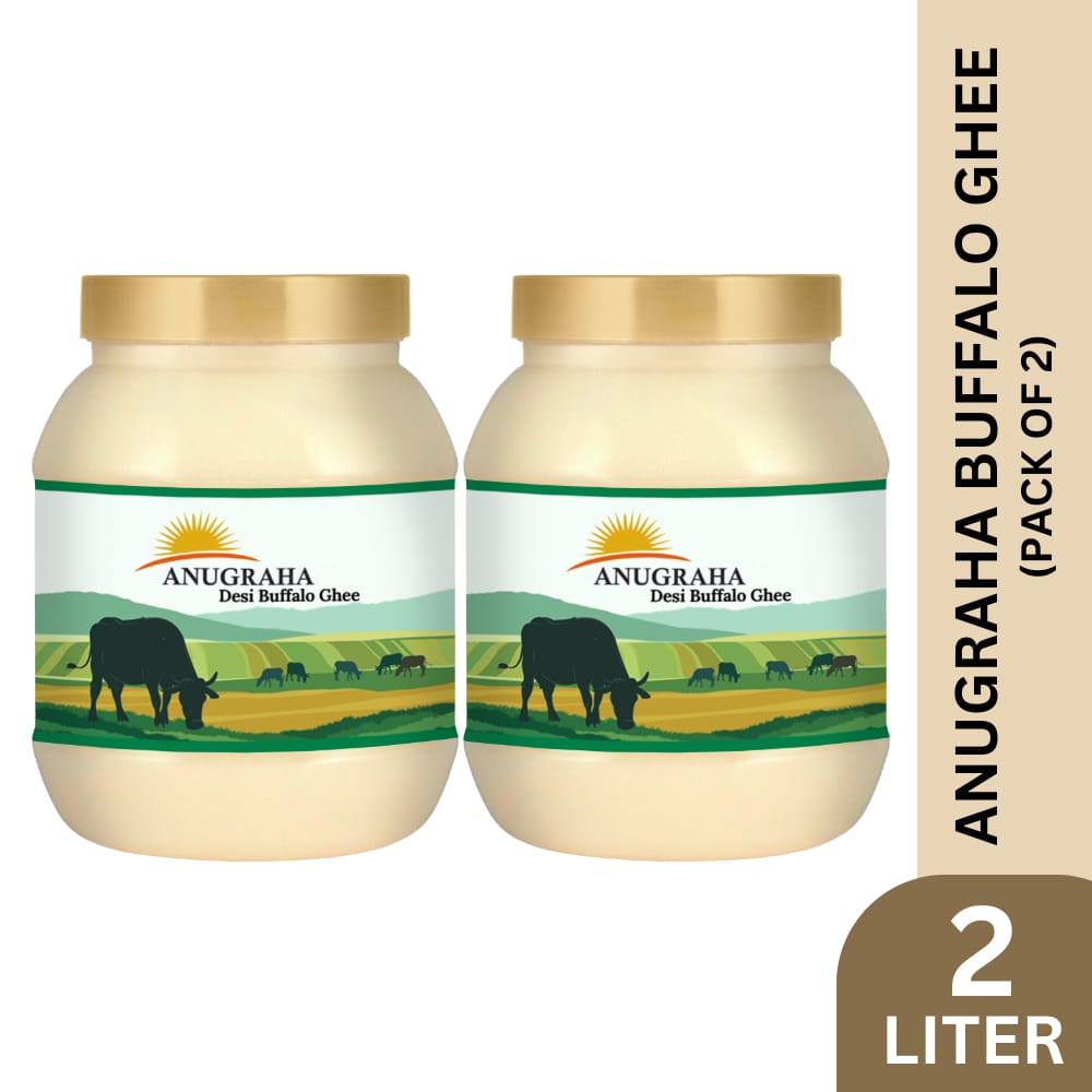 Anugraha Organic Grass-Fed Buffalo Ghee | Pure Desi Bilona Ghee | Cultured Vedic Ghee | 100% Natural & Traditional Processed- 2 Liters (Pack of 2)