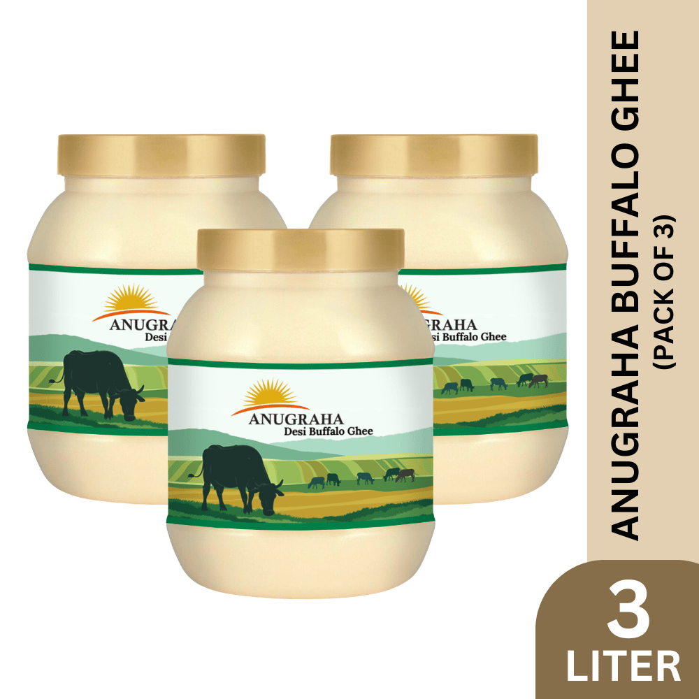Anugraha Organic Grass-Fed Buffalo Ghee | Pure Desi Bilona Ghee | Cultured Vedic Ghee | 100% Natural & Traditional Processed (Pack of 3) - 3 Liters