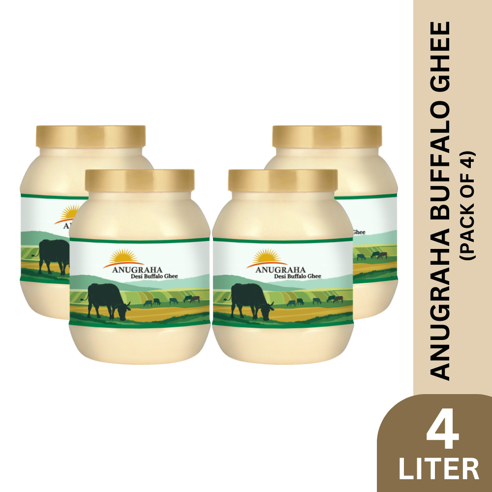 Anugraha Organic Grass-Fed Buffalo Ghee | Pure Desi Bilona Ghee | Cultured Vedic Ghee | 100% Natural & Traditional Processed - Pack of 4 | 4 Litre