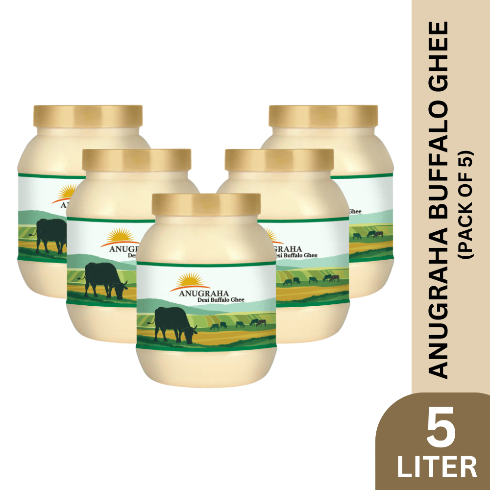 Anugraha Organic Grass-Fed Buffalo Ghee | Pure Desi Bilona Ghee | Cultured Vedic Ghee | 100% Natural & Traditional Processed Anugraha Buffalo Ghee (Pack of 5) - 5 Liters