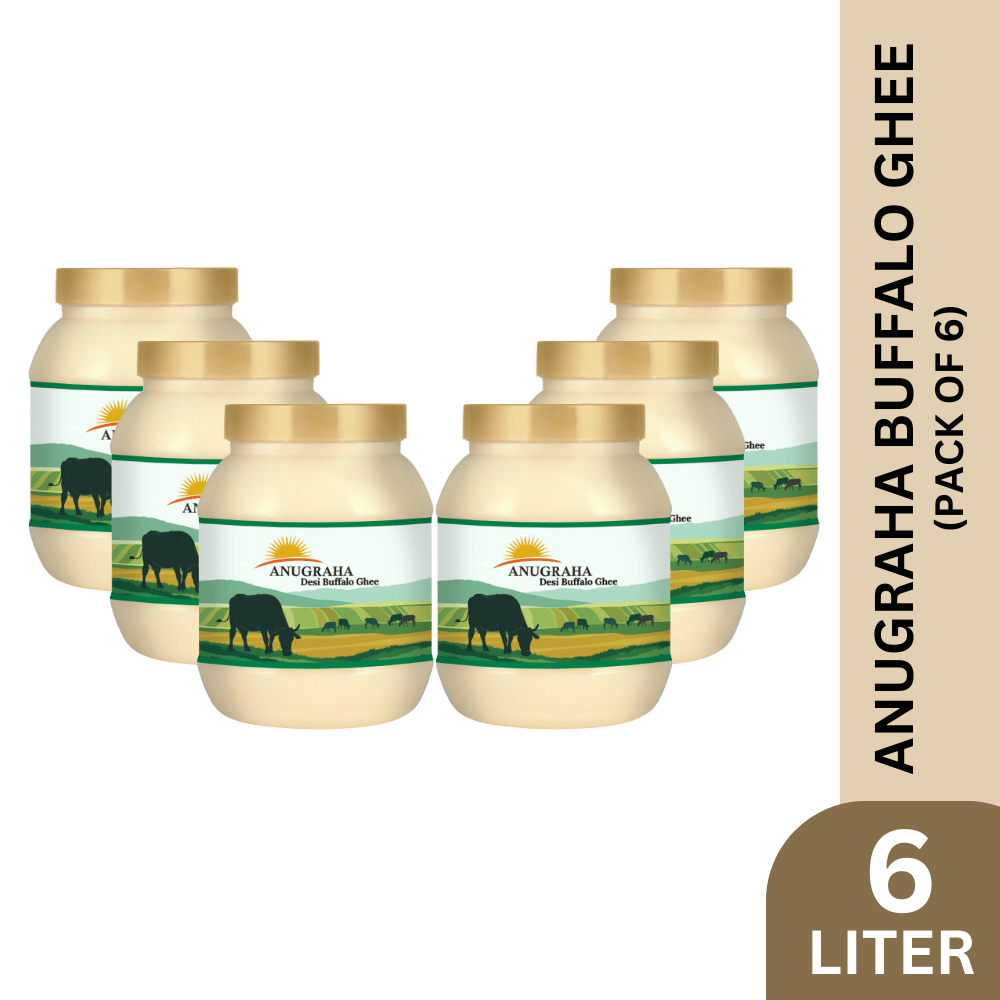 Anugraha Organic Grass-Fed Buffalo Ghee | Pure Desi Bilona Ghee | Cultured Vedic Ghee | 100% Natural & Traditional Processed (Pack of 6) - 6 Liters