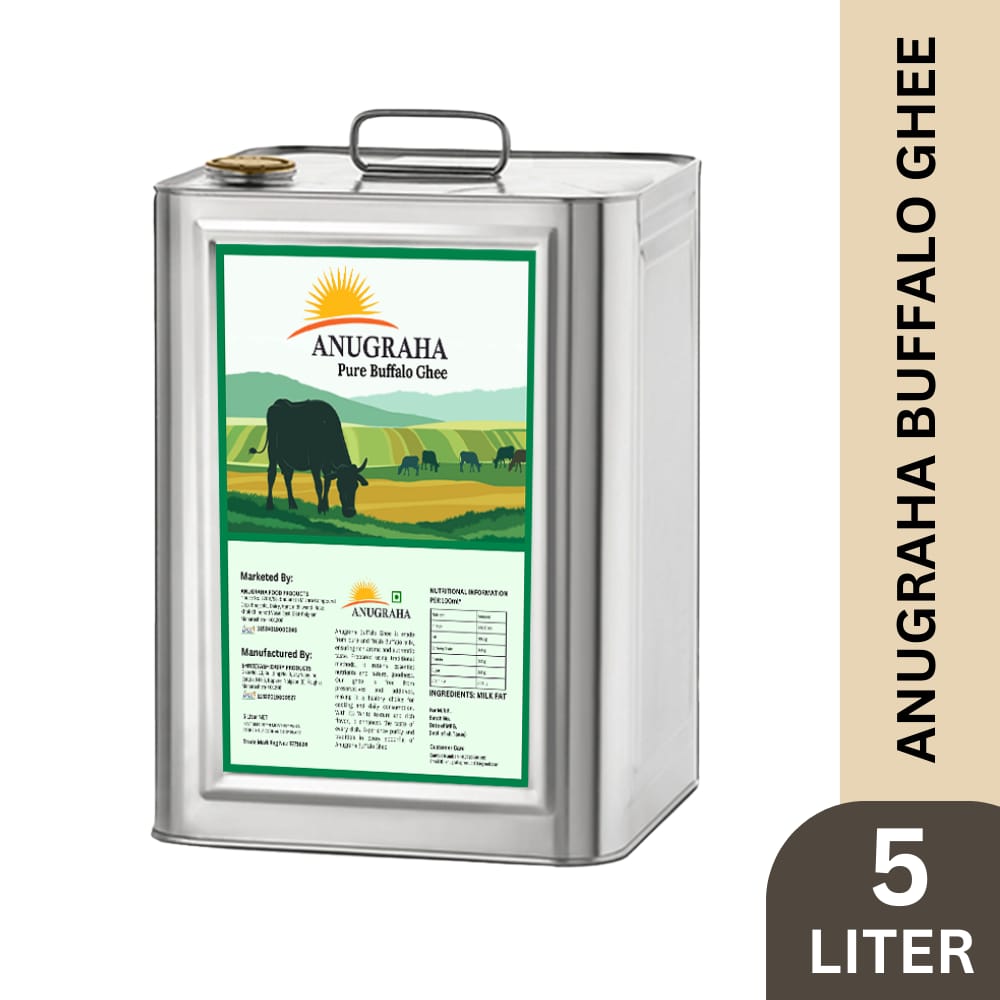 Anugraha Organic Grass-Fed Buffalo Ghee | Pure Desi Bilona Ghee | Cultured Vedic Ghee | 100% Natural & Traditional Processed - 5 Liter